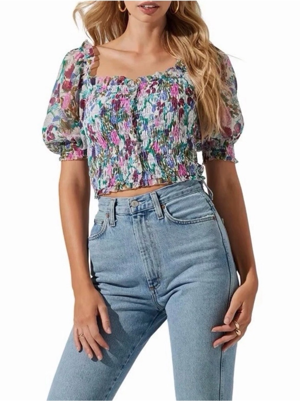 NWT ASTR the Label Floral Smocked Puff Sleeve Crop Top Small